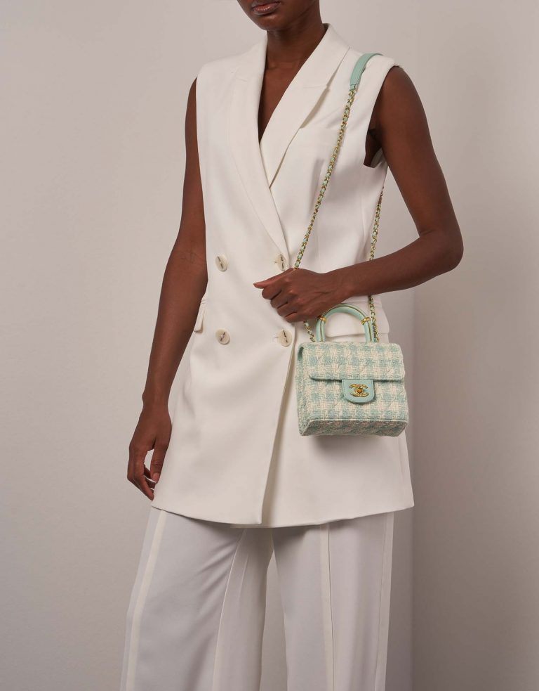 Chanel Timeless MiniSquare TiffanyBlue on Model | Sell your designer bag on Saclab.com