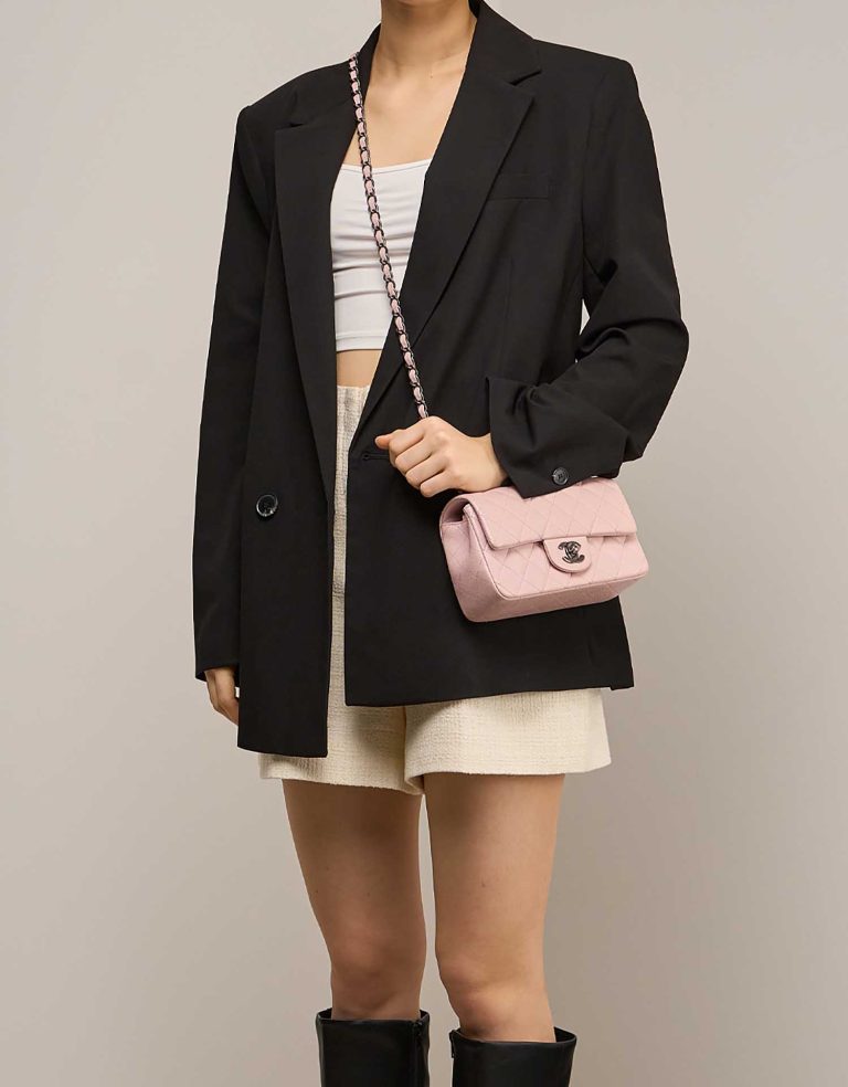 Chanel Timeless Mini Rectangular Caviar Light Rose on Model | Sell your designer bag