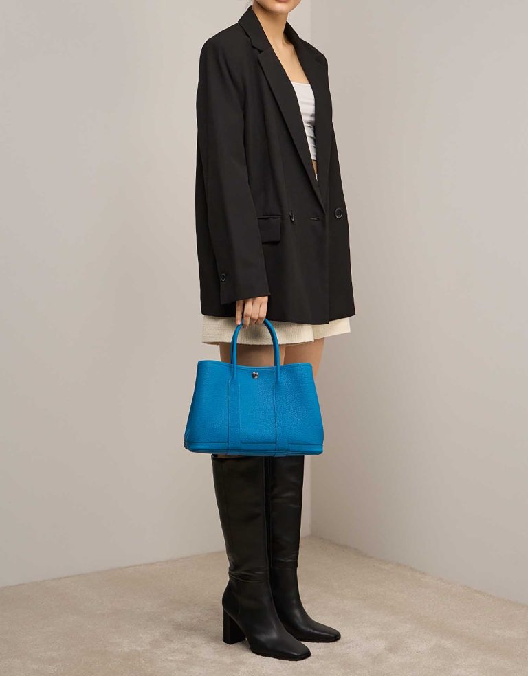 Hermès Garden Party 30 Veau Négonda Bleu Zanzibar  on Model | Sell your designer bag