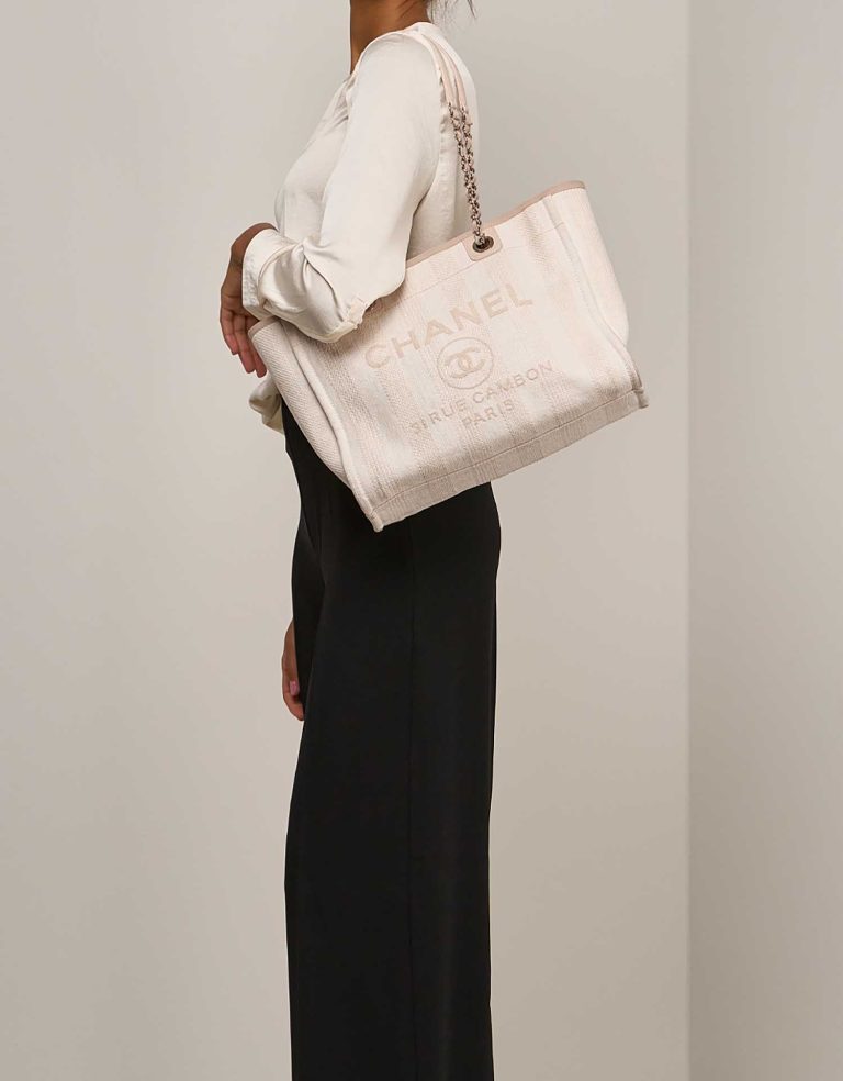 Chanel Deauville Small Canvas Cream on Model | Sell your designer bag