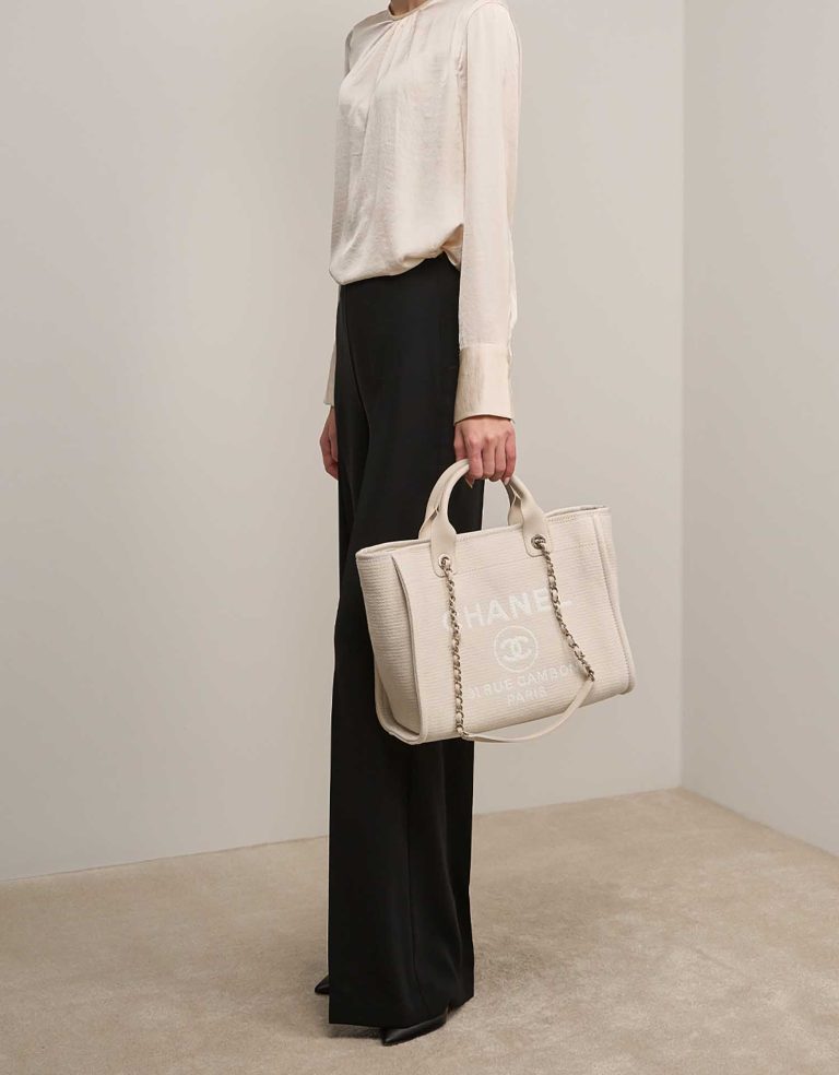 Chanel Deauville Small Canvas Cream on Model | Sell your designer bag