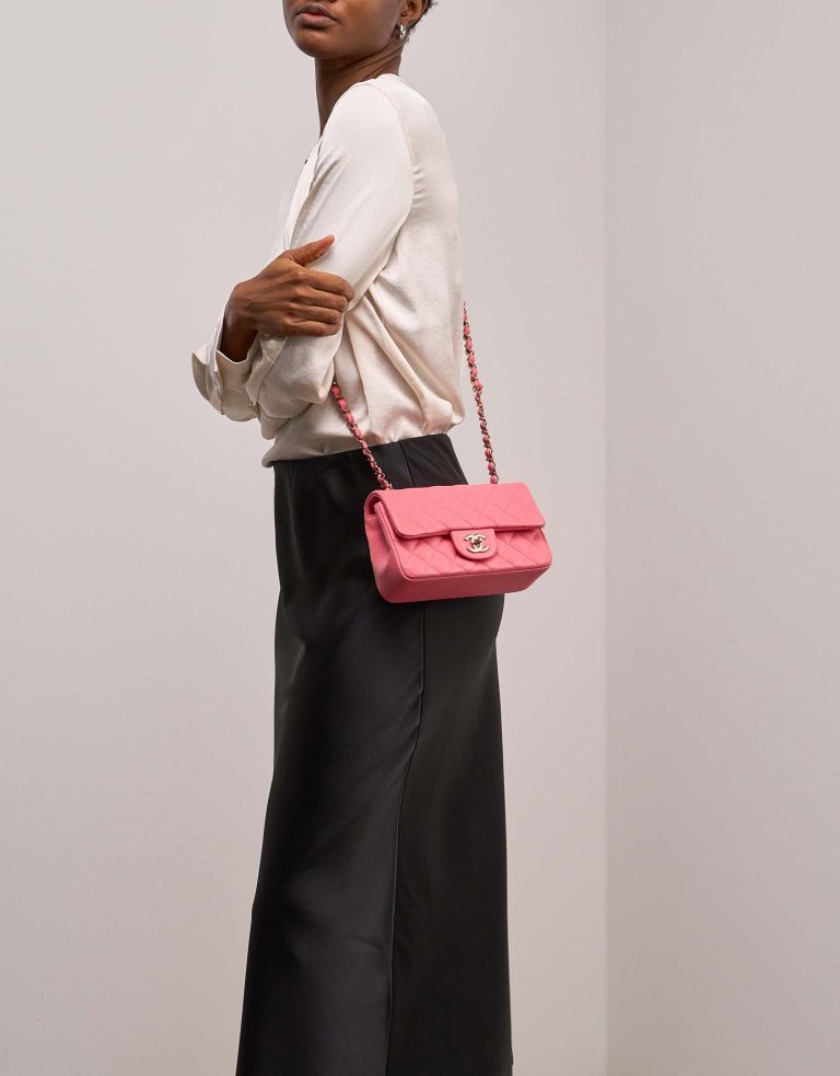 Chanel Timeless Mini Rectangular Lamb Pink on Model | Sell your designer bag