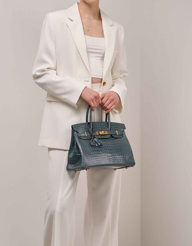 Hermès Birkin 30 Porosus Crocodile Bleu Tempête on Model | Sell your designer bag
