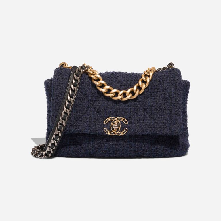 Chanel 19 Flap Bag Tweed / Lamb Dark Blue / Black Front | Sell your designer bag