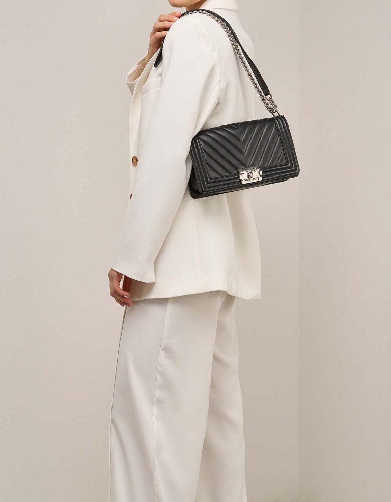 Chanel Boy Old Medium Lamb Black on Model | Sell your designer bag