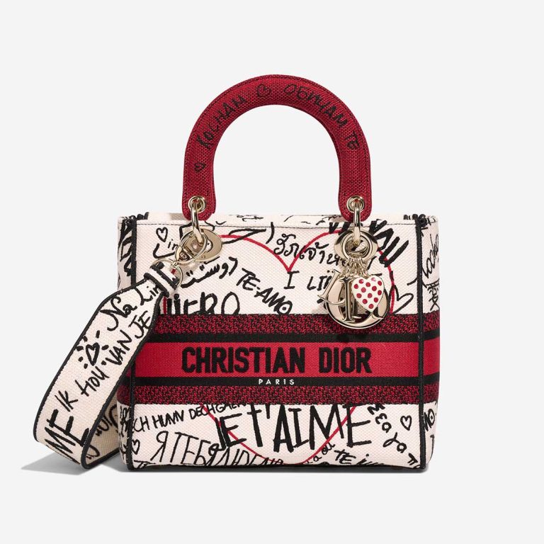 Dior Lady D-Lite Dioramour Graffiti Medium Canvas White / Red / Black Front | Sell your designer bag