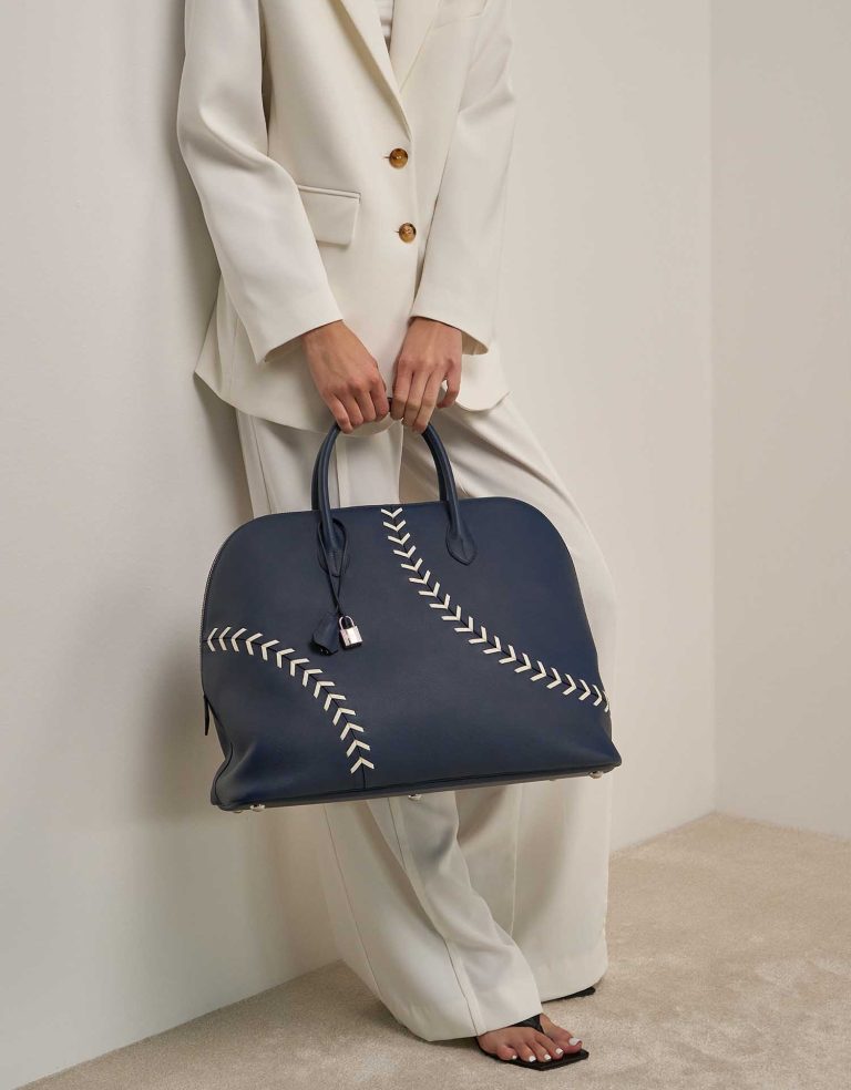 Hermès Bolide Baseball 45 Evercolor Bleu de Malte / Craie on Model | Sell your designer bag