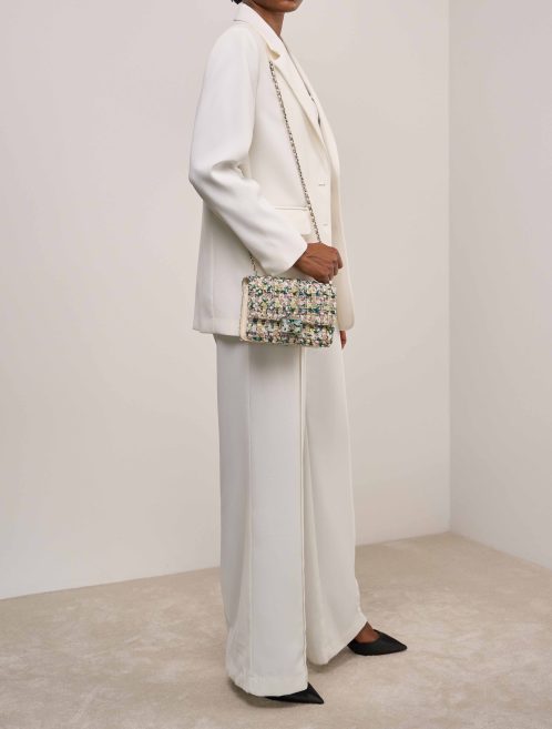 Chanel Timeless Flap Bag Small Tweed / Lamb Multicolour on Model | Sell your designer bag