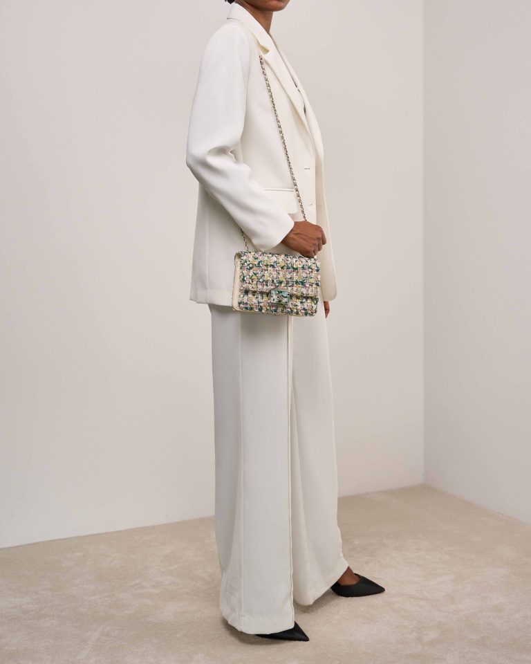 Chanel Timeless Flap Bag Small Tweed / Lamb Multicolour on Model | Sell your designer bag