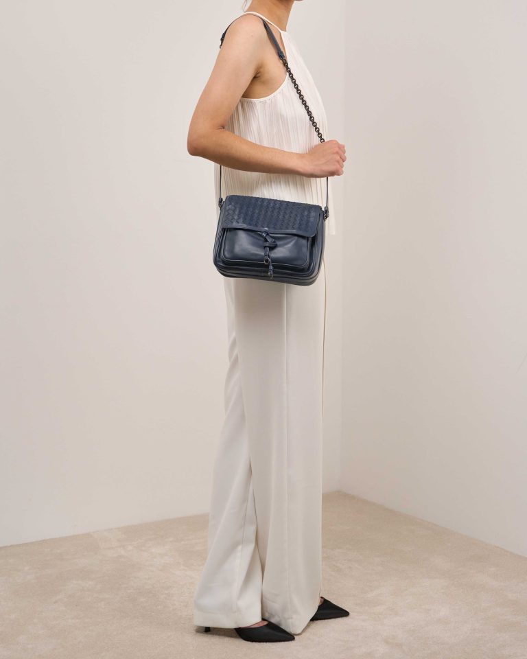 Bottega Veneta Crossbody Bag Medium Lamb Blue on Model | Sell your designer bag