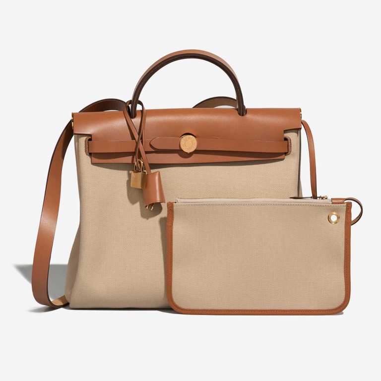 Hermès Herbag 31 Toile Militaire / Vache Hunter Béton / Naturel Front | Sell your designer bag
