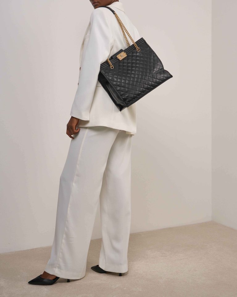Chanel Boy Shopping Tote Lamb Black on Model | Sell your designer bag