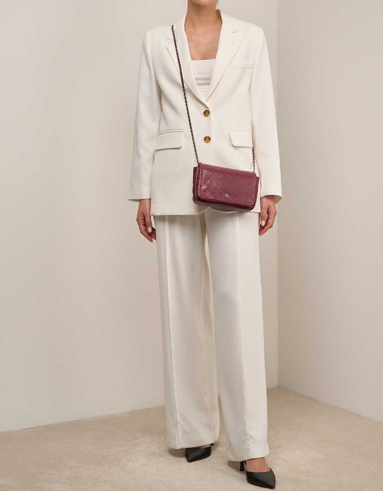 Chanel Flap Bag Small Calf Dark Red on Model | Sell your designer bag