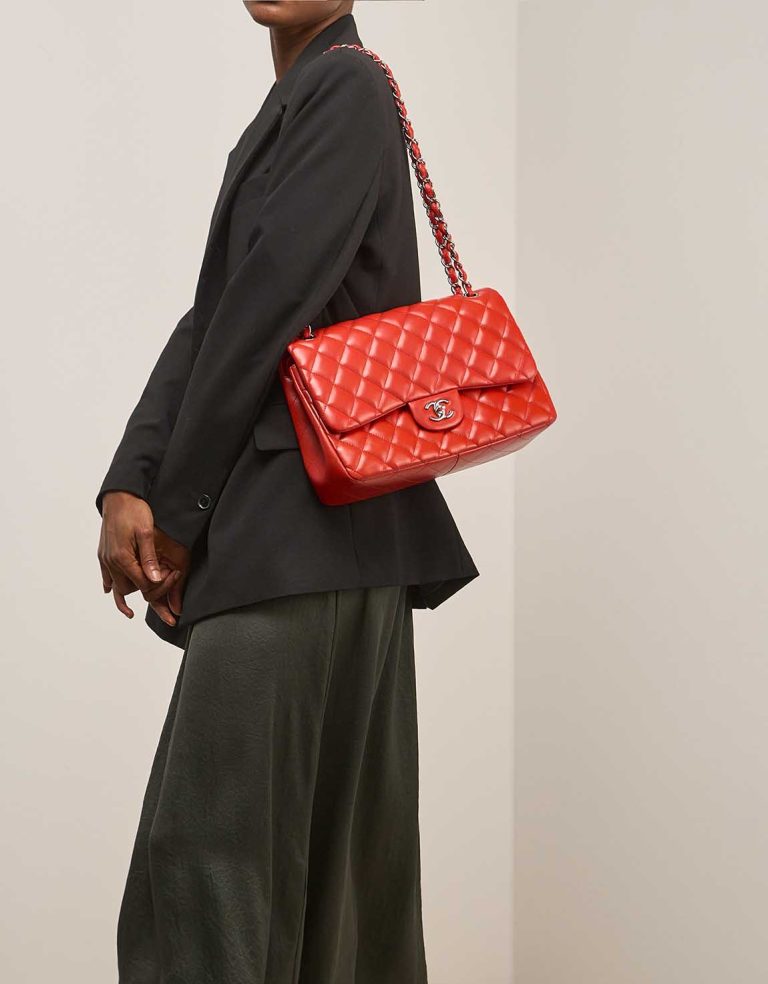 Chanel Timeless Jumbo Lamb Red on Model | Sell your designer bag
