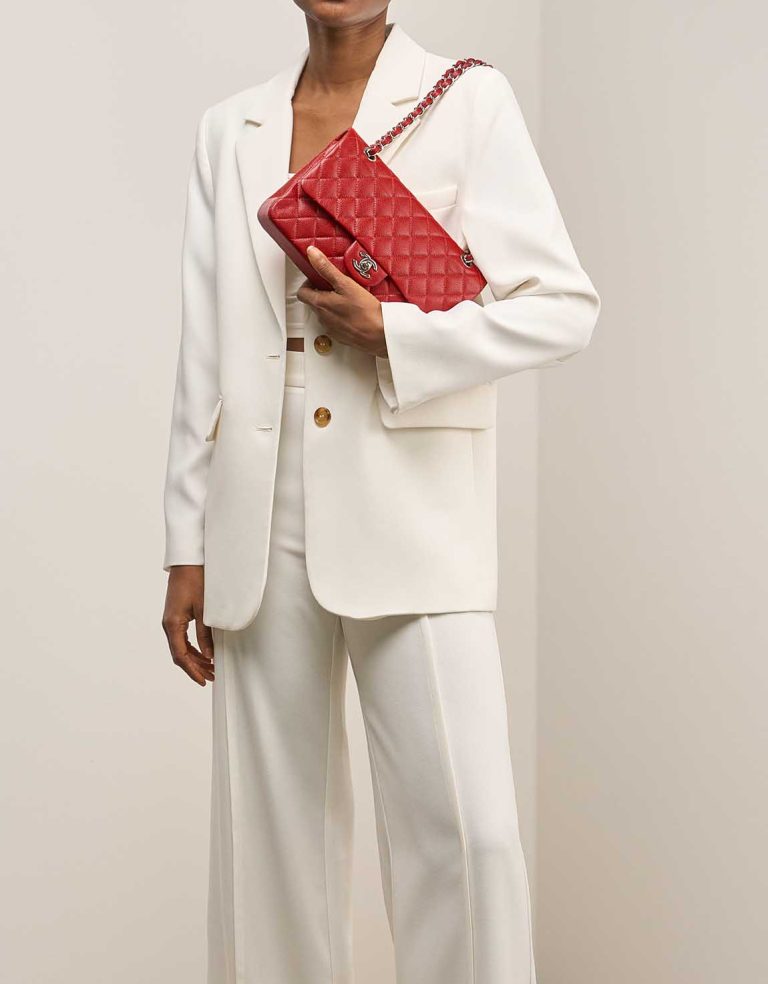 Chanel Timeless Medium Caviar Red on Model | Sell your designer bag