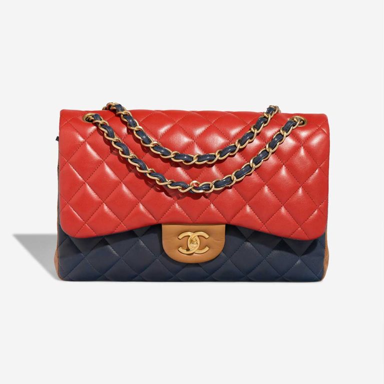 Chanel Timeless Jumbo Lamb Blue / Red / Brown Front | Sell your designer bag