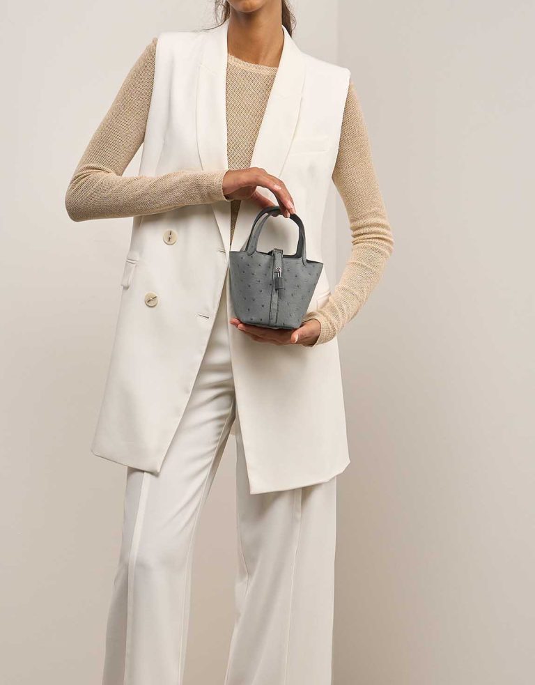 Hermès Picotin Micro Ostrich Vert Amande on Model | Sell your designer bag