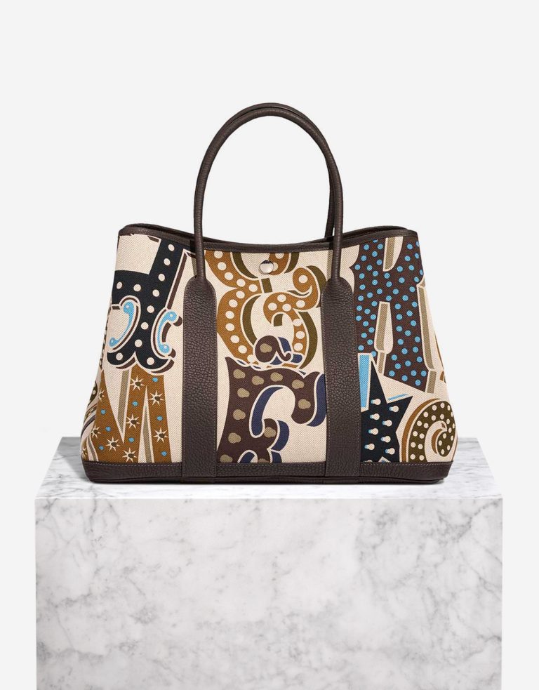 Hermès Garden Party 36 Electrique Clémence / Toile Caramel / Écru / Ébène / Beige Front | Sell your designer bag