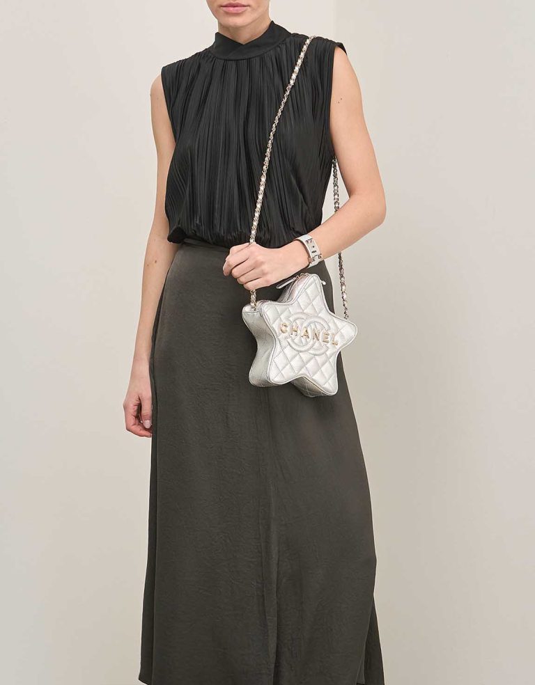 Chanel Timeless Star Calf Silver on Model | Sell your designer bag