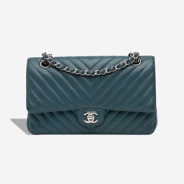 Chanel Timeless Chevron Medium Caviar Petrol Blue Front | Sell your designer bag