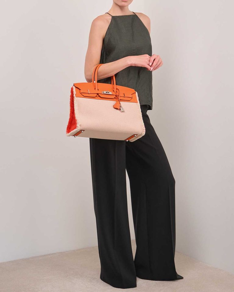 Hermès Birkin Fray 35 Swift / Toile Écru / Orange Poppy Front | Sell your designer bag