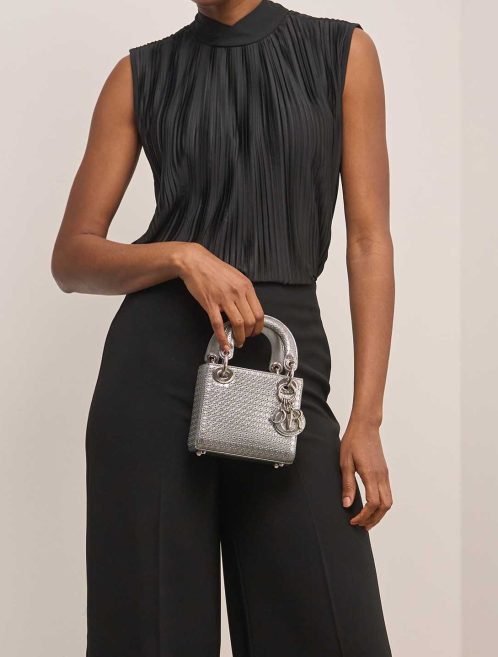 Dior Lady Micro Calf Silver on Model | Sell your designer bag