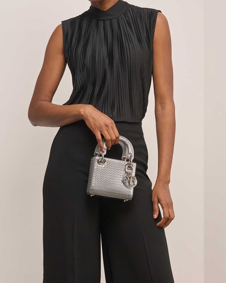 Dior Lady Micro Calf Silver on Model | Sell your designer bag