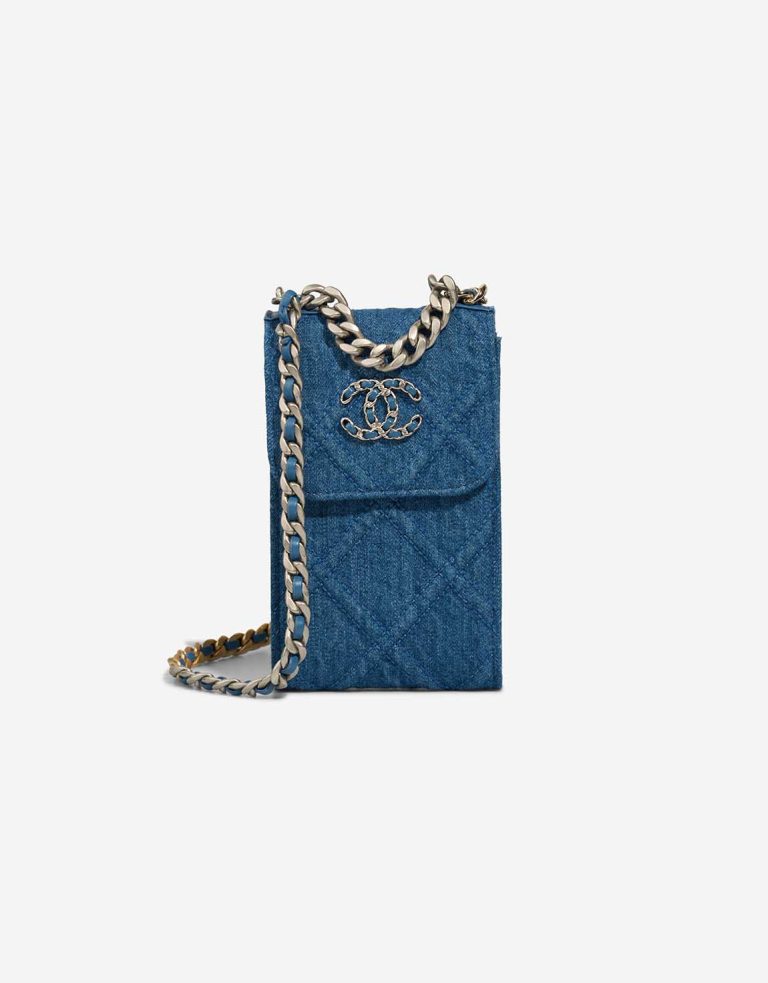Chanel 19 Phone Holder Denim Blue Front | Sell your designer bag