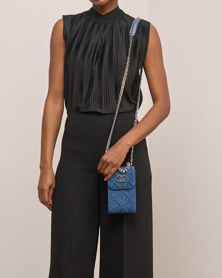 Chanel 19 Phone Holder Denim Blue Front | Sell your designer bag