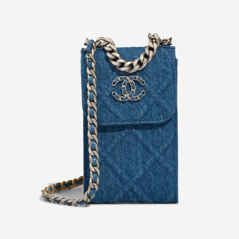 Chanel 19 Phone Holder Denim Blue Front | Sell your designer bag