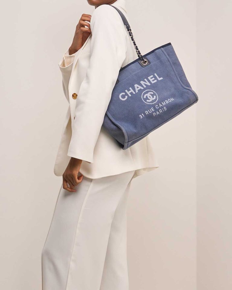Chanel Deauville Small Canvas Blue on Model | Sell your designer bag