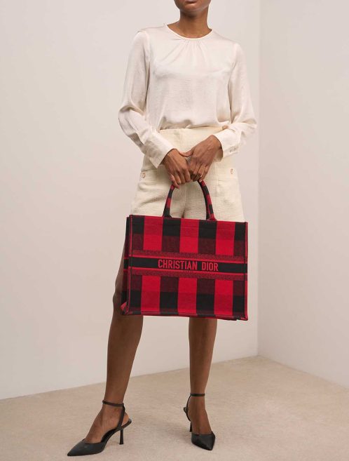 Dior Book Tote Large Canvas Red / Black on Model | Sell your designer bag