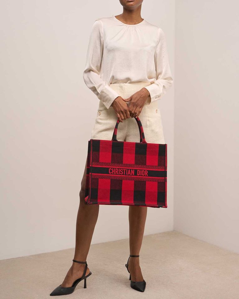 Dior Book Tote Large Canvas Red / Black on Model | Sell your designer bag