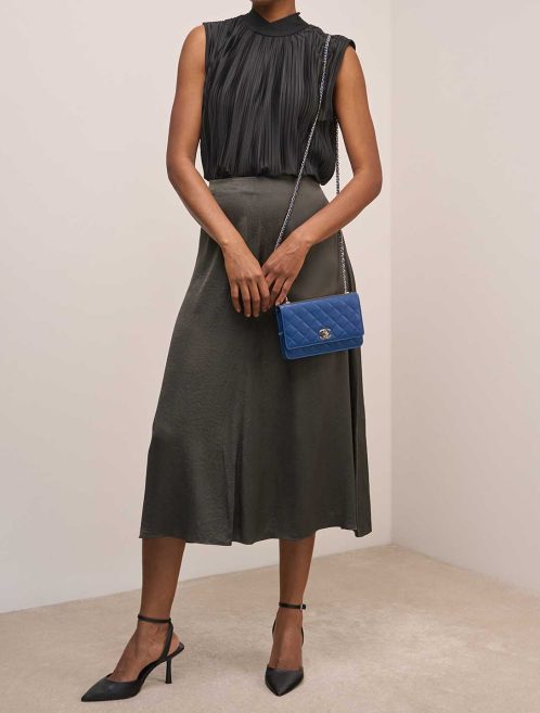 Chanel Timeless Wallet On Chain Lamb Blue on Model | Sell your designer bag