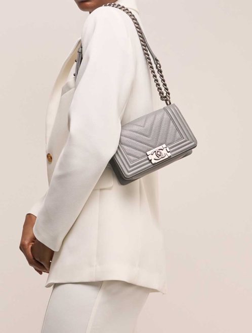 Chanel Boy Small Caviar Grey on Model | Sell your designer bag