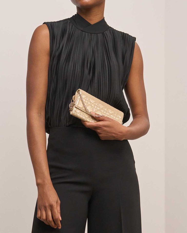 Dior Clutch with Chain Small Lamb Metallic Gold Front | Sell your designer bag