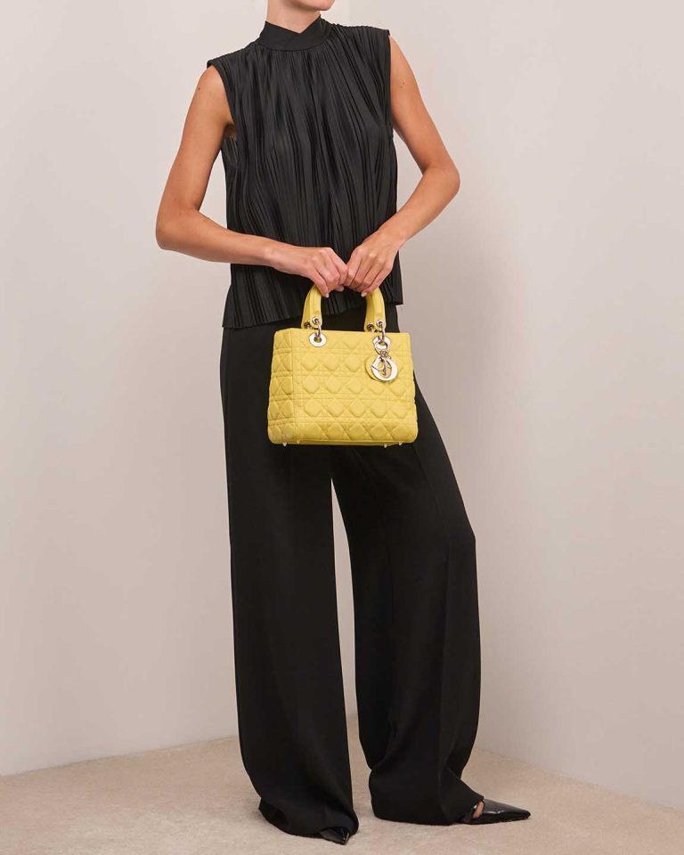 Dior Lady Medium Lamb Lime Yellow Front | Sell your designer bag