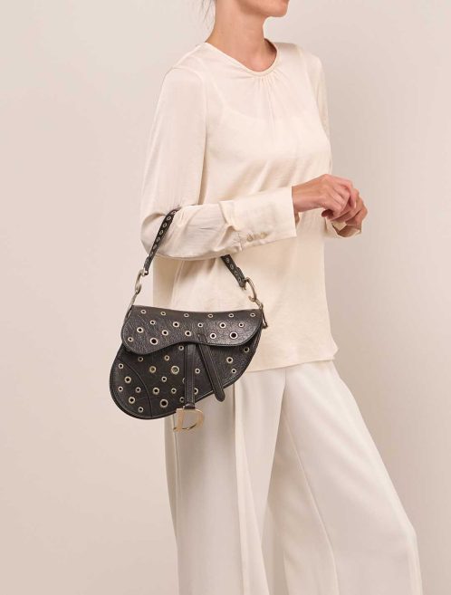 Dior Saddle Medium Aged Calf Black on Model | Sell your designer bag