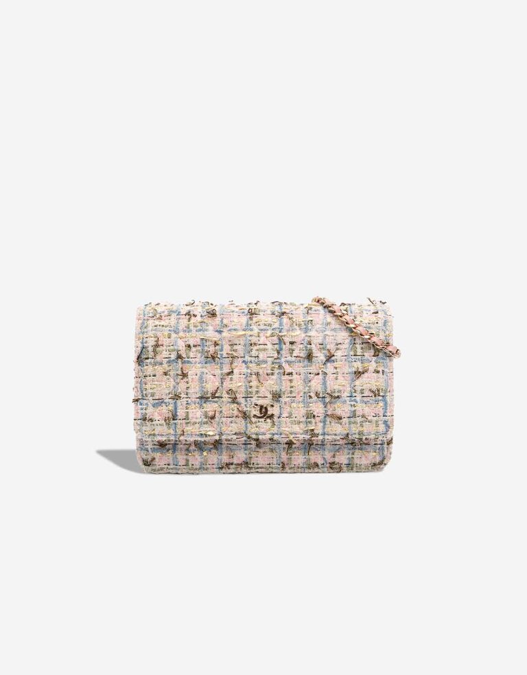 Chanel Wallet On Chain Tweed Light Pink / Blue / Gold Front | Sell your designer bag