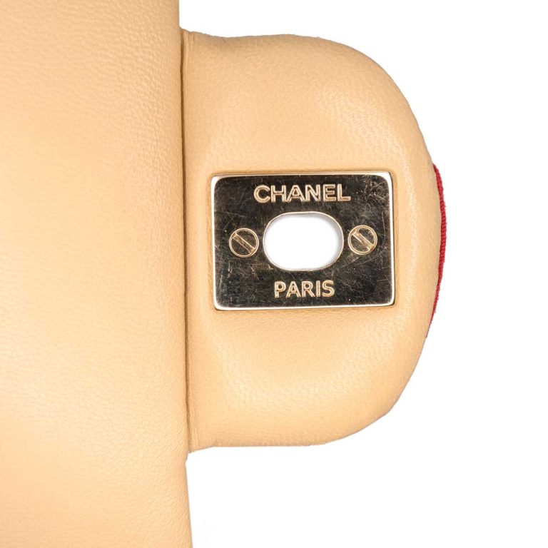 Chanel Timeless Coco Sailor Medium Silk / Canvas Red / White Signs of wear | Sell your designer bag