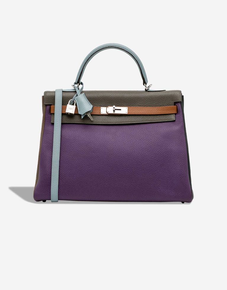Hermès Kelly Harlequin 35 Togo Ultraviolet / Bleu Lin / Étain / Étoupe / Gold / Bleu Obscur Front | Sell your designer bag