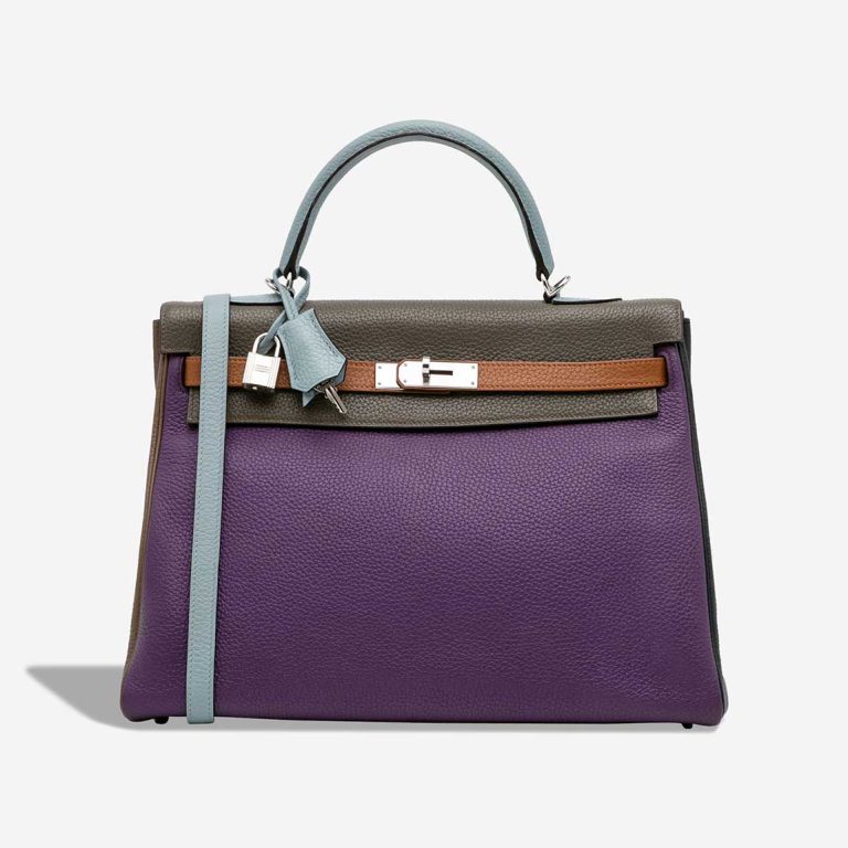Hermès Kelly Harlequin 35 Togo Ultraviolet / Bleu Lin / Étain / Étoupe / Gold / Bleu Obscur Front | Sell your designer bag