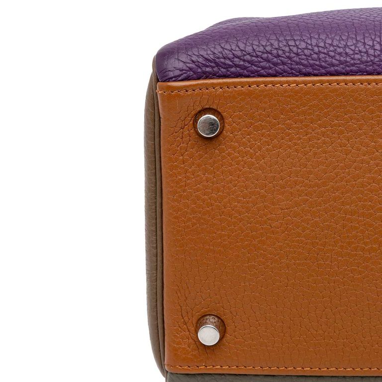 Hermès Kelly Harlequin 35 Togo Ultraviolet / Bleu Lin / Étain / Étoupe / Gold / Bleu Obscur Signs of wear | Sell your designer bag