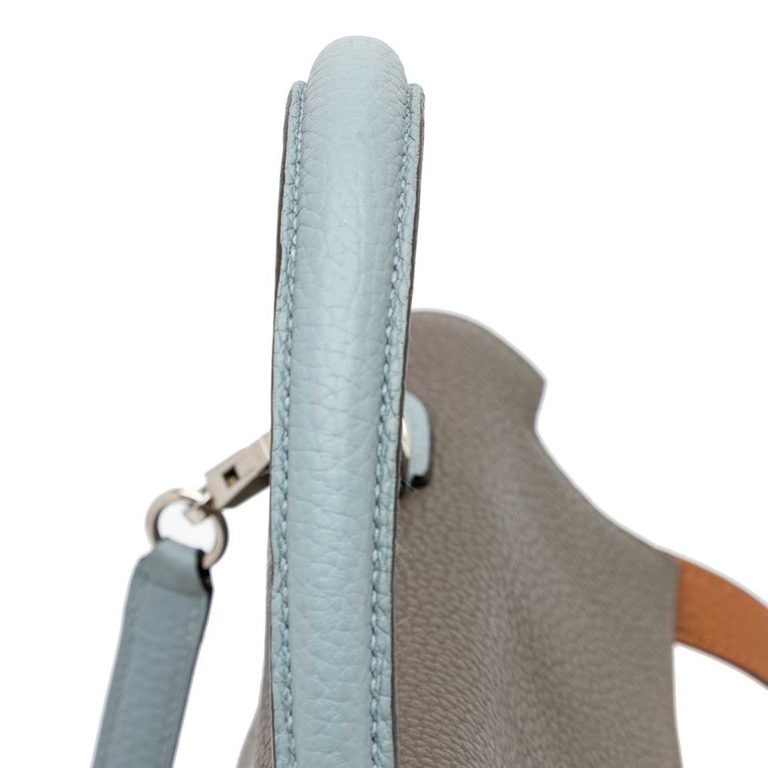 Hermès Kelly Harlequin 35 Togo Ultraviolet / Bleu Lin / Étain / Étoupe / Gold / Bleu Obscur Signs of wear | Sell your designer bag