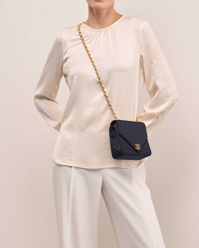 Chanel Timeless Chevron Mini Square Silk Dark Blue Front | Sell your designer bag