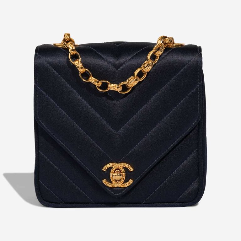 Chanel Timeless Chevron Mini Square Silk Dark Blue Front | Sell your designer bag