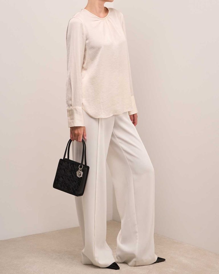 Dior Lady Tote Mini Velvet / Silk Black on Model | Sell your designer bag