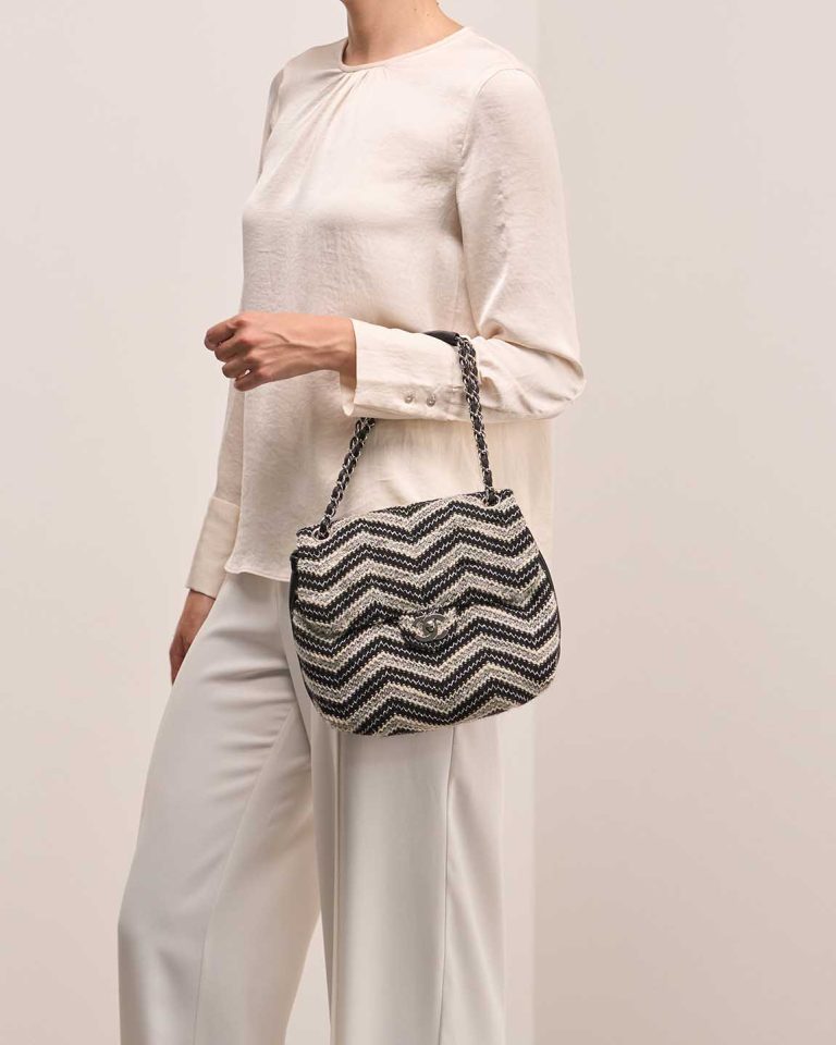 Chanel Timeless Medium Tweed Black / White / Silver Front | Sell your designer bag