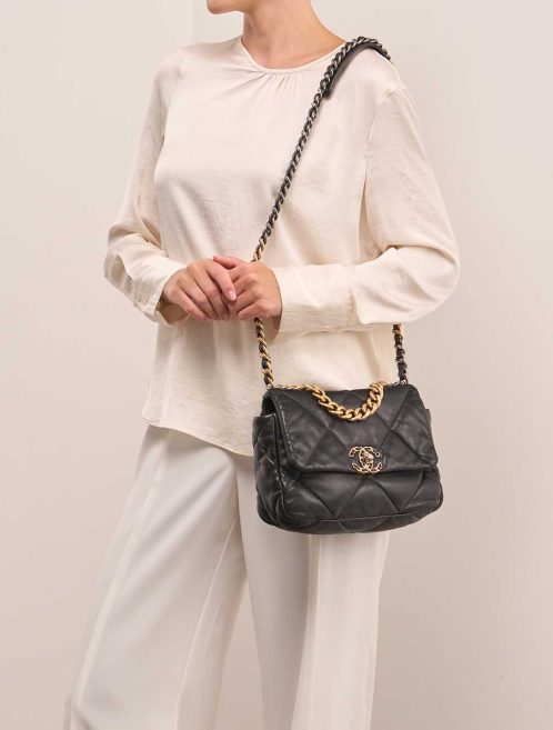 Chanel 19 Flap Bag Lamb Black on Model | Sell your designer bag