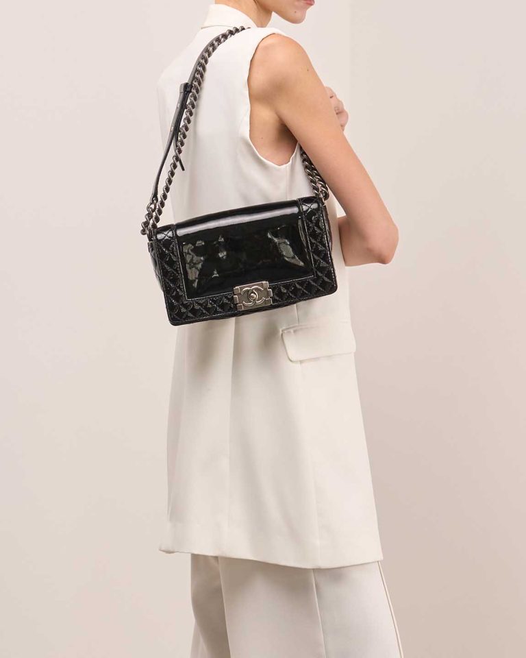 Chanel Boy Medium Patent Black Front | Sell your designer bag